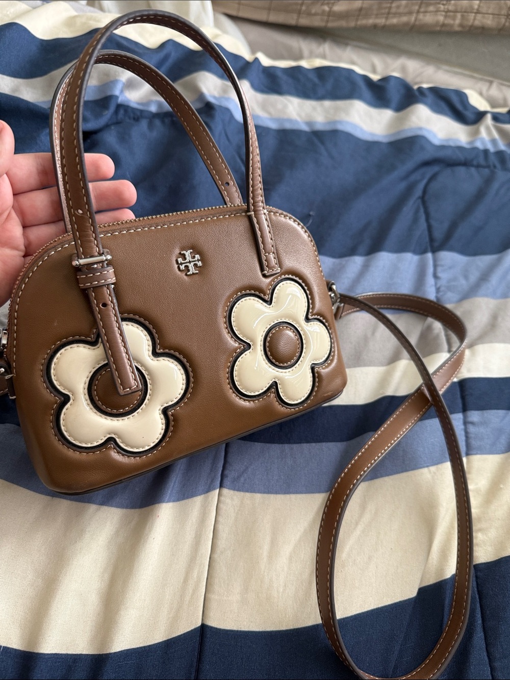 Tory Burch Emerson Floral Brown Leather Mini Satchel with Cream Floral Appliqués